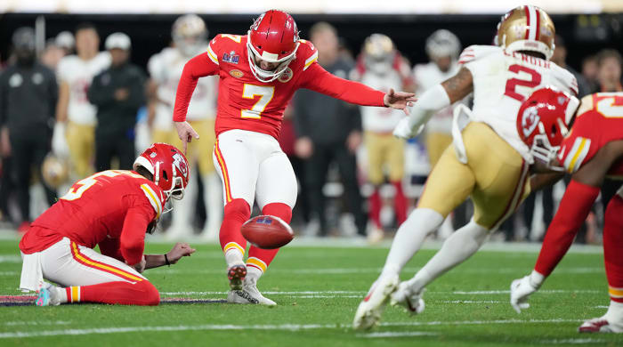 Harrison Butker kicks a field goal in Super Bowl LVIII.
